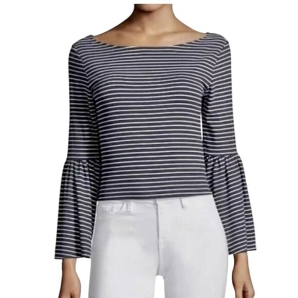 Frame Boatneck Bell Sleeve Striped Top Modal Navy Blue White Women's XS Nautical - Picture 1 of 12
